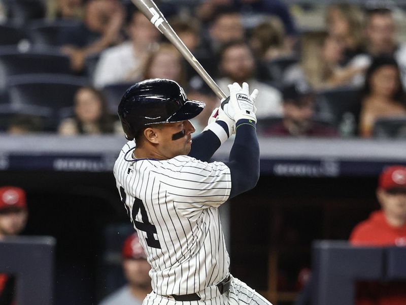 Jul 3, 2024; Bronx, New York, USA; New York Yankees designated hitter Jahmai Jones (14) hits a double in the seventh inning against the Cincinnati Reds at Yankee Stadium. Mandatory Credit: Wendell Cruz-USA TODAY Sports