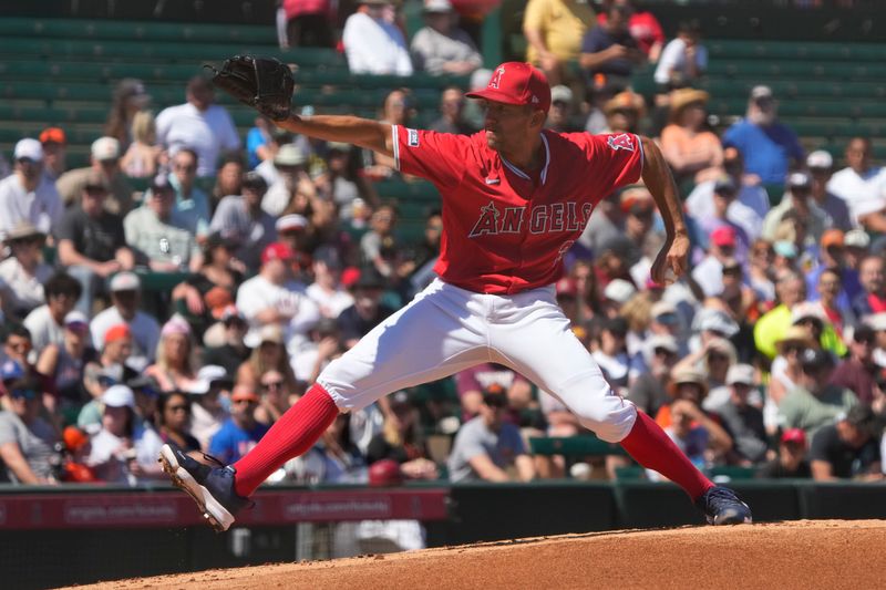 Mar 20, 2024; Tempe, Arizona, USA; Los Angeles Angels starting pitcher Tyler Anderson (31) throws against the San Francisco Giants in the first inning at Tempe Diablo Stadium. Mandatory Credit: Rick Scuteri-USA TODAY Sports