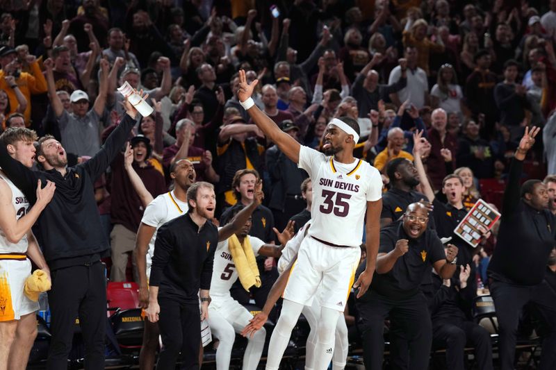 Feb 18, 2023; Tempe, Arizona, USA; Arizona State Sun Devils guard Devan Cambridge (35) reacts after making a basket against the Utah Utes during the second half at Desert Financial Arena. Mandatory Credit: Joe Camporeale-USA TODAY Sports