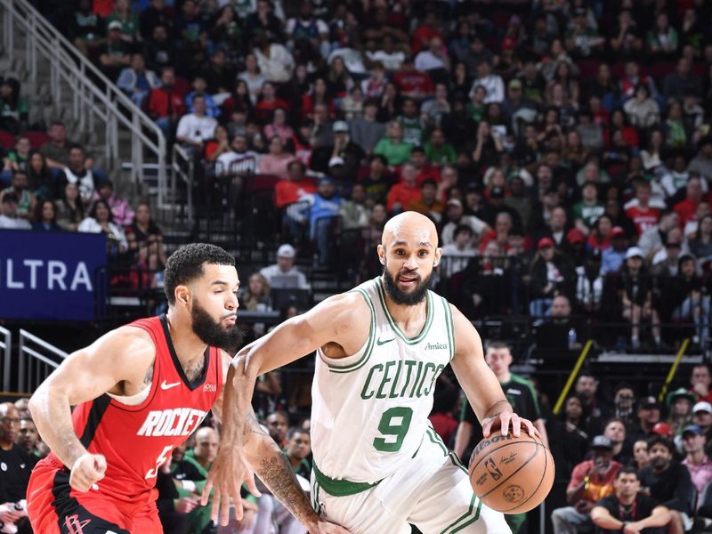 HOUSTON, TX - JANUARY 3:  Derrick White #9 of the Boston Celtics dribbles the ball during the game against the Houston Rockets on January 3, 2025 at the Toyota Center in Houston, Texas. NOTE TO USER: User expressly acknowledges and agrees that, by downloading and or using this photograph, User is consenting to the terms and conditions of the Getty Images License Agreement. Mandatory Copyright Notice: Copyright 2025 NBAE (Photo by Logan Riely/NBAE via Getty Images)