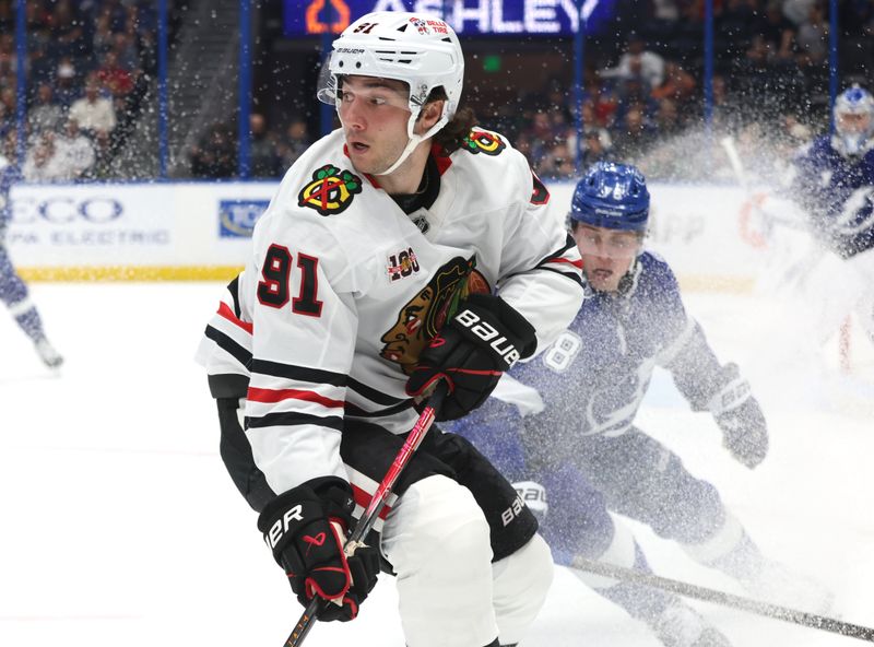 Oct 23, 2025; Tampa, Florida, USA; Chicago Blackhawks center Frank Nazar (91) skate against the Tampa Bay Lightning during the second period at Benchmark International Arena. Mandatory Credit: Kim Klement Neitzel-Imagn Images