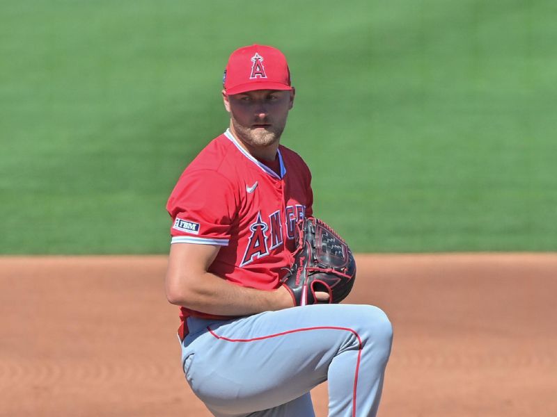 Mar 1, 2024; Peoria, Arizona, USA; Los Angeles Angels starting pitcher Reid Detmers (48) throws in the second inning against the San Diego Padres during a spring training game at Peoria Sports Complex. Mandatory Credit: Matt Kartozian-USA TODAY Sports