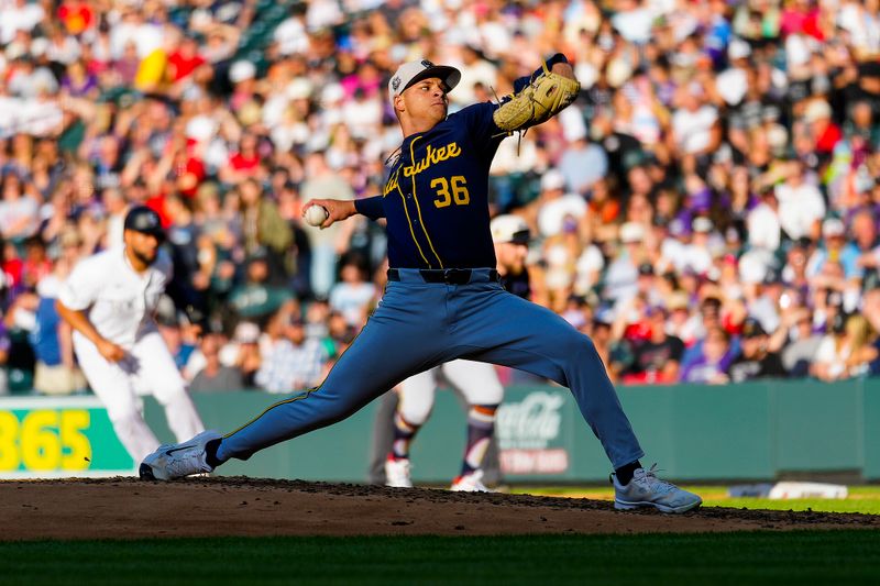 Jul 4, 2024; Denver, Colorado, USA; Milwaukee Brewers starting pitcher Tobias Myers (36) delivers a pitch against the Colorado Rockies during the third inning at Coors Field. Mandatory Credit: Troy Babbitt-USA TODAY Sports

 