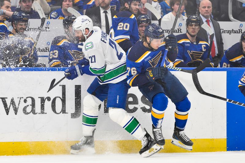 Jan 27, 2025; St. Louis, Missouri, USA;  Vancouver Canucks defenseman Derek Forbort (27) checks St. Louis Blues center Zack Bolduc (76) during the second period at Enterprise Center. Mandatory Credit: Jeff Curry-Imagn Images