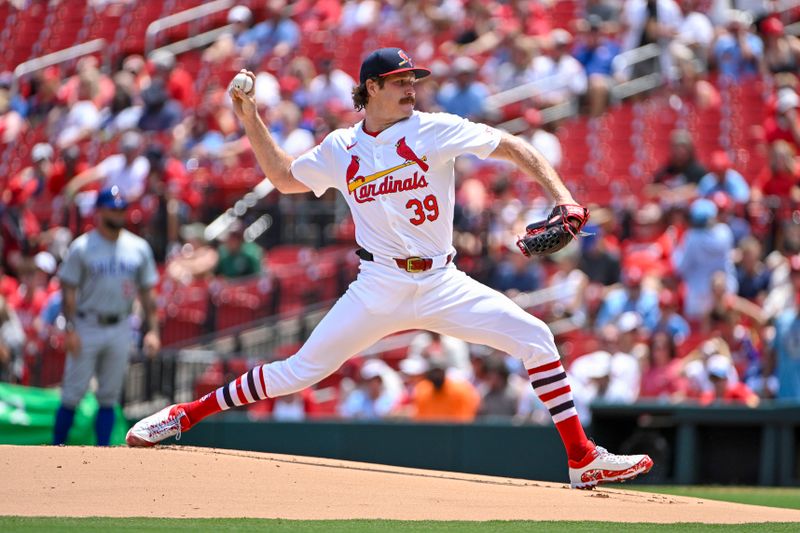 Jul 14, 2024; St. Louis, Missouri, USA;  St. Louis Cardinals starting pitcher Miles Mikolas (39) pitches against the Chicago Cubs during the first inning at Busch Stadium. Mandatory Credit: Jeff Curry-USA TODAY Sports