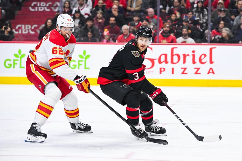 Nov 25, 2024; Ottawa, Ontario, CAN; Ottawa Senators defenseman Nick Jensen (3) tracks the play against Calgary Flames defenseman Daniil Miromanov (62) during the first period at Canadian Tire Centre. Mandatory Credit: David Kirouac-Imagn Images