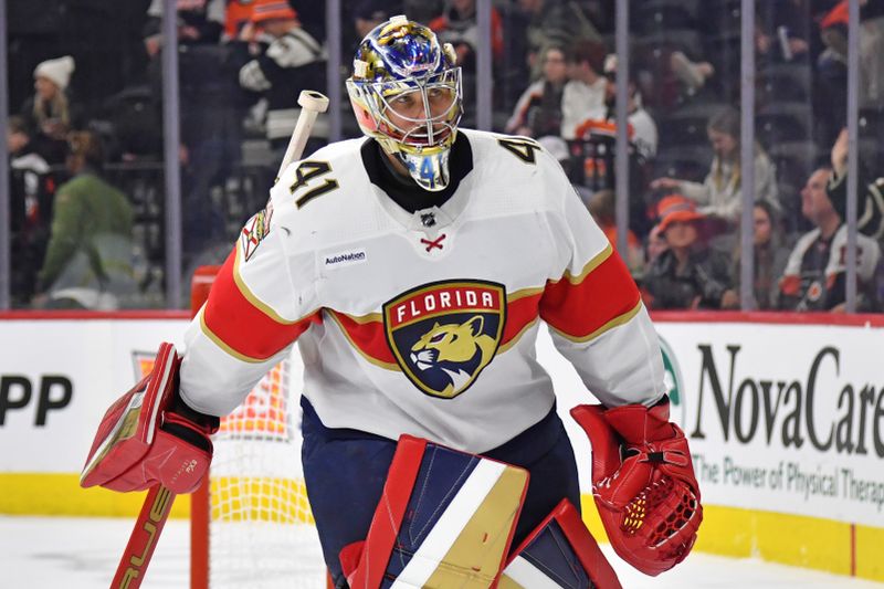 Mar 24, 2024; Philadelphia, Pennsylvania, USA; Florida Panthers goaltender Anthony Stolarz (41) against the Philadelphia Flyers during the third period at Wells Fargo Center. Mandatory Credit: Eric Hartline-USA TODAY Sports