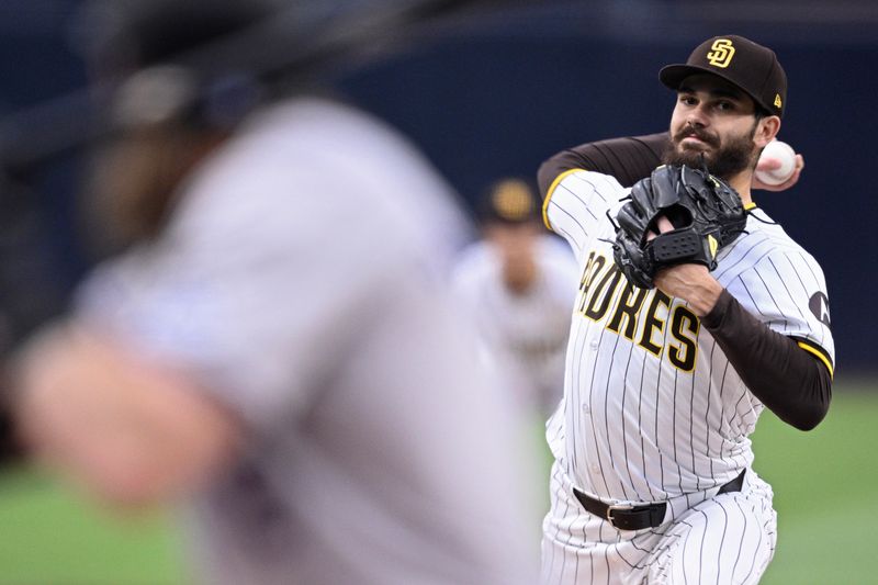 May 13, 2024; San Diego, California, USA; San Diego Padres starting pitcher Dylan Cease (84) throws a pitch against the Colorado Rockies during the first inning at Petco Park. Mandatory Credit: Orlando Ramirez-USA TODAY Sports