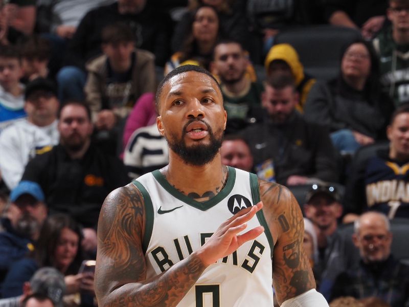 INDIANAPOLIS, IN - JANUARY 3: Damian Lillard #0 of the Milwaukee Bucks handles the ball during the game against the Indiana Pacers on January 3, 2024 at Gainbridge Fieldhouse in Indianapolis, Indiana. NOTE TO USER: User expressly acknowledges and agrees that, by downloading and or using this Photograph, user is consenting to the terms and conditions of the Getty Images License Agreement. Mandatory Copyright Notice: Copyright 2024 NBAE (Photo by Ron Hoskins/NBAE via Getty Images)