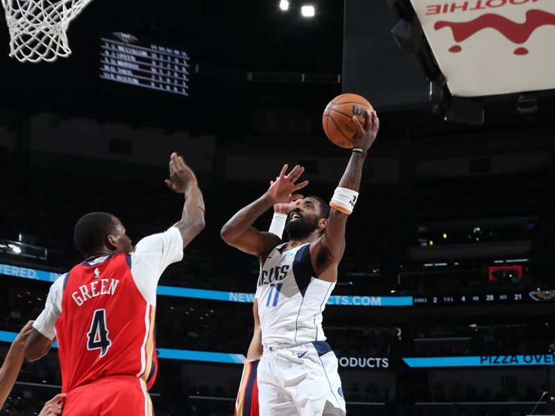 NEW ORLEANS, LA - JANUARY 29: Kyrie Irving #11 of the Dallas Mavericks drives to the basket during the game against the New Orleans Pelicans on January 29, 2025 at the Smoothie King Center in New Orleans, Louisiana. NOTE TO USER: User expressly acknowledges and agrees that, by downloading and or using this Photograph, user is consenting to the terms and conditions of the Getty Images License Agreement. Mandatory Copyright Notice: Copyright 2025 NBAE (Photo by Layne Murdoch Jr./NBAE via Getty Images)