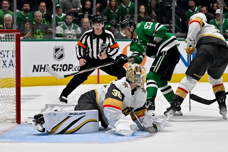 Apr 24, 2024; Dallas, Texas, USA; Vegas Golden Knights goaltender Logan Thompson (36) stops a shot by Dallas Stars center Wyatt Johnston (53) during the second period in game two of the first round of the 2024 Stanley Cup Playoffs at American Airlines Center. Mandatory Credit: Jerome Miron-USA TODAY Sports