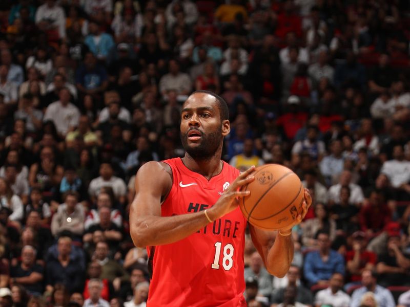 MIAMI, FL - NOVEMBER 18: Alec Burks #18 of the Miami Heat handles the ball during the game against the Philadelphia 76ers on November 18, 2024 at Kaseya Center in Miami, Florida. NOTE TO USER: User expressly acknowledges and agrees that, by downloading and or using this Photograph, user is consenting to the terms and conditions of the Getty Images License Agreement. Mandatory Copyright Notice: Copyright 2024 NBAE (Photo by Issac Baldizon/NBAE via Getty Images)