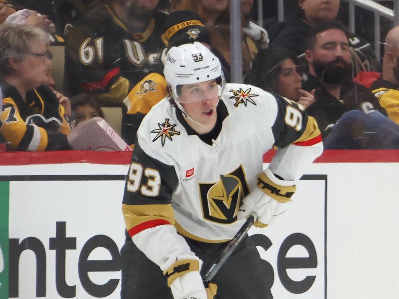 Mar 1, 2026; Pittsburgh, Pennsylvania, USA;  Vegas Golden Knights right wing Mitch Marner (93) handles the puck against the Pittsburgh Penguins during the third period at PPG Paints Arena. Mandatory Credit: Charles LeClaire-Imagn Images