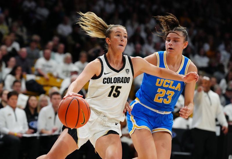 Jan 19, 2024; Boulder, Colorado, USA; Colorado Buffaloes guard Kindyll Wetta (15) drives past UCLA Bruins forward Gabriela Jaquez (23) in the second half at the CU Events Center. Mandatory Credit: Ron Chenoy-USA TODAY Sports
\v11