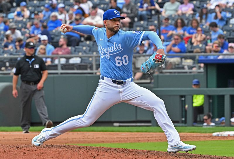 Apr 24, 2025; Kansas City, Missouri, USA;  Kansas City Royals relief pitcher Lucas Erceg (60) throws a pitch in the eighth inning against the Colorado Rockies at Kauffman Stadium. Mandatory Credit: Peter Aiken-Imagn Images