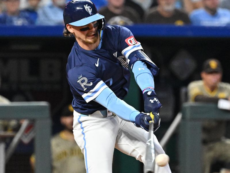 May 31, 2024; Kansas City, Missouri, USA;  Kansas City Royals shortstop Bobby Witt Jr. (7) hits an RBI single in the sixth inning against the San Diego Padres at Kauffman Stadium. Mandatory Credit: Peter Aiken-USA TODAY Sports