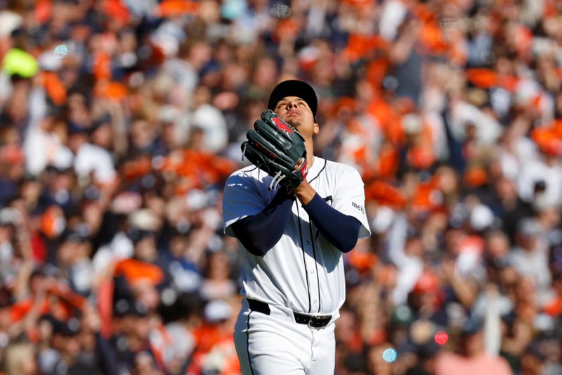 Oct 9, 2024; Detroit, Michigan, USA; Detroit Tigers starting pitcher Keider Montero (54) looks on before pitching against the Cleveland Guardians during the first inning during game three of the ALDS for the 2024 MLB Playoffs at Comerica Park. Mandatory Credit: Rick Osentoski-Imagn Images