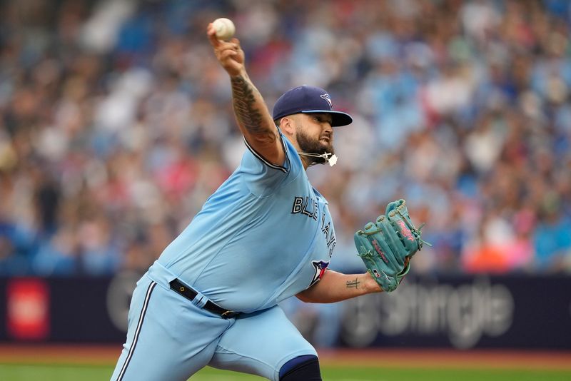 Jul 18, 2023; Toronto, Ontario, CAN; Toronto Blue Jays starting pitcher Alek Manoah (6) pitches to the San Diego Padres  during the first inning at Rogers Centre. Mandatory Credit: John E. Sokolowski-USA TODAY Sports