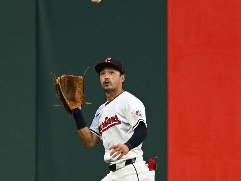 Aug 1, 2024; Cleveland, Ohio, USA; Cleveland Guardians left fielder Steven Kwan (38) catches a ball hit by Baltimore Orioles designated hitter Ryan O'Hearn (not pictured) during the seventh inning at Progressive Field. Mandatory Credit: Ken Blaze-USA TODAY Sports