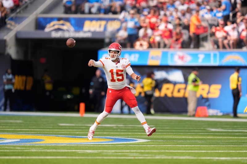 Kansas City Chiefs quarterback Patrick Mahomes (15) throws during the second half of an NFL football game against the Los Angeles Chargers Sunday, Sept. 29, 2024, in Inglewood, Calif. (AP Photo/Marcio Jose Sanchez)