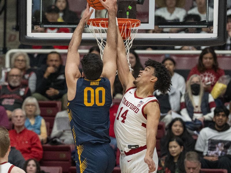 Mar 7, 2024; Stanford, California, USA; California Golden Bears forward Fardaws Aimaq (00) is fouled while shooting by Stanford Cardinal forward Spencer Jones (14) during the first half at Maples Pavillion. Mandatory Credit: Neville E. Guard-USA TODAY Sports