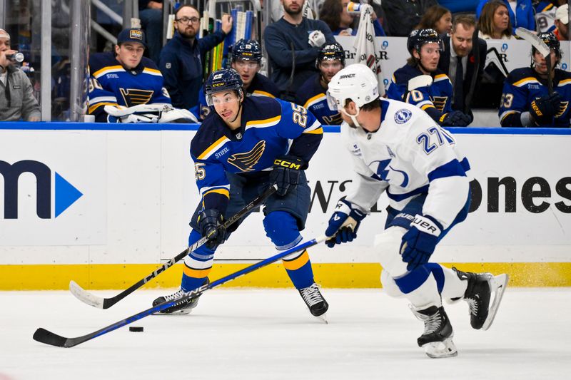 Nov 5, 2024; St. Louis, Missouri, USA;  St. Louis Blues center Jordan Kyrou (25) controls the puck as Tampa Bay Lightning defenseman Ryan McDonagh (27) defends during the second period at Enterprise Center. Mandatory Credit: Jeff Curry-Imagn Images