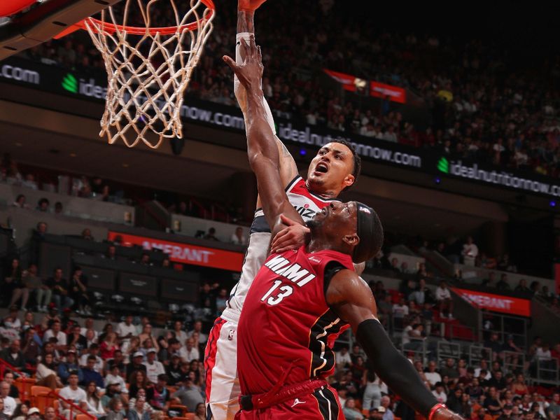 MIAMI, FL - MARCH 10: Kyle Kuzma #33 of the Washington Wizards drives to the basket during the game against the Miami Heat on March 10, 2024 at Kaseya Center in Miami, Florida. NOTE TO USER: User expressly acknowledges and agrees that, by downloading and or using this Photograph, user is consenting to the terms and conditions of the Getty Images License Agreement. Mandatory Copyright Notice: Copyright 2024 NBAE (Photo by Issac Baldizon/NBAE via Getty Images)