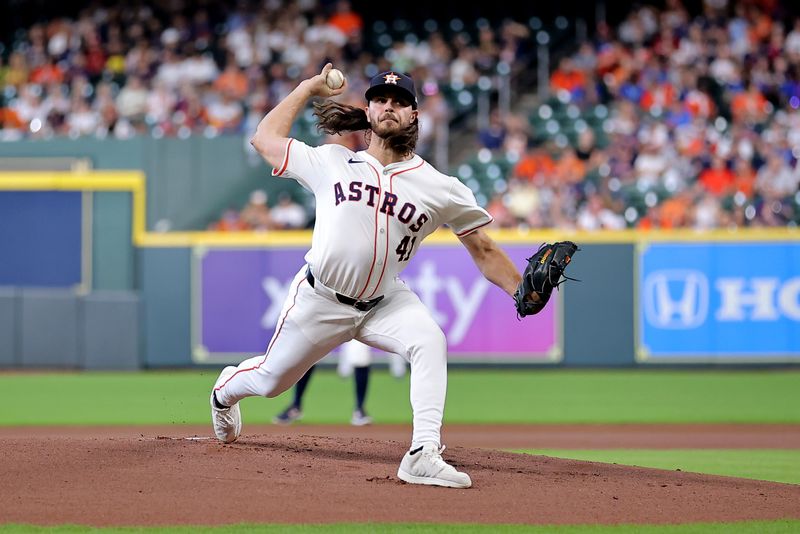 Jun 26, 2024; Houston, Texas, USA; Houston Astros starting pitcher Spencer Arrighetti (41) delivers a pitch against the Colorado Rockies during the first inning at Minute Maid Park. Mandatory Credit: Erik Williams-USA TODAY Sports