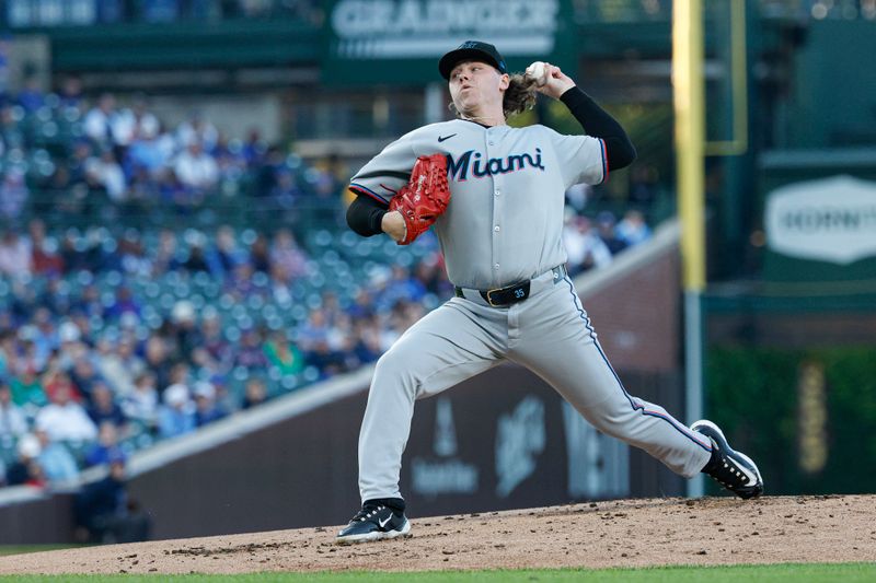 May 14, 2025; Chicago, Illinois, USA; Miami Marlins starting pitcher Ryan Weathers (35) delivers a pitch against the Chicago Cubs during the first inning at Wrigley Field. Mandatory Credit: Kamil Krzaczynski-Imagn Images