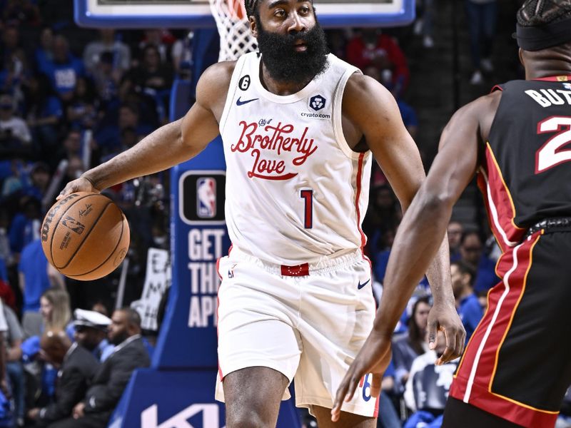 PHILADELPHIA, PA - APRIL 6: James Harden #1 of the Philadelphia 76ers dribbles the ball during the game against the Miami Heat on April 6, 2023 at the Wells Fargo Center in Philadelphia, Pennsylvania NOTE TO USER: User expressly acknowledges and agrees that, by downloading and/or using this Photograph, user is consenting to the terms and conditions of the Getty Images License Agreement. Mandatory Copyright Notice: Copyright 2023 NBAE (Photo by David Dow/NBAE via Getty Images)