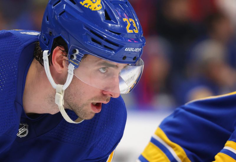 Mar 9, 2023; Buffalo, New York, USA;  Buffalo Sabres defenseman Mattias Samuelsson (23) waits for the face-off during the third period against the Dallas Stars at KeyBank Center. Mandatory Credit: Timothy T. Ludwig-USA TODAY Sports