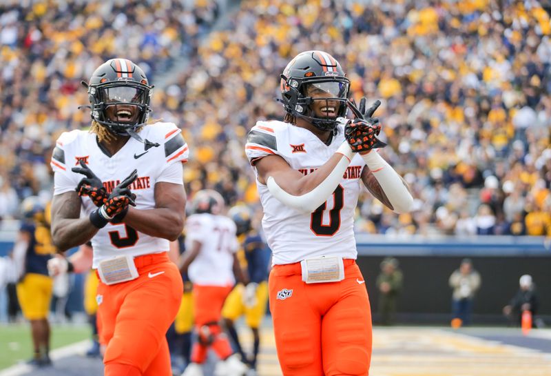 Oct 21, 2023; Morgantown, West Virginia, USA; Oklahoma State Cowboys running back Ollie Gordon II (0) celebrates after running for a touchdown during the first quarter against the West Virginia Mountaineers at Mountaineer Field at Milan Puskar Stadium. Mandatory Credit: Ben Queen-USA TODAY Sports