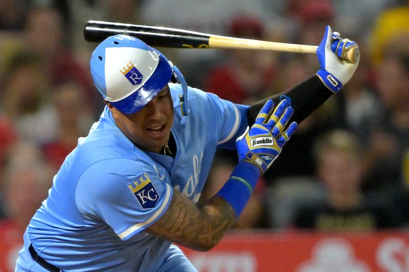 Sep 24, 2025; Anaheim, California, USA;  Kansas City Royals catcher Salvador Perez (13) strikes out in the seventh inning against the Los Angeles Angels at Angel Stadium. Mandatory Credit: Jayne Kamin-Oncea-Imagn Images