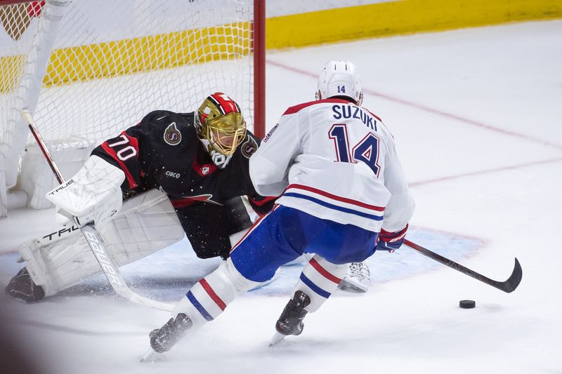 Apr 13, 2024; Ottawa, Ontario, CAN; Ottawa Senators goalie Joonas Korpisalo (70) makes a save on a shot from Montreal Canadiens center Nick Suzuki (14) in overtime at the Canadian Tire Centre. Mandatory Credit: Marc DesRosiers-USA TODAY Sports