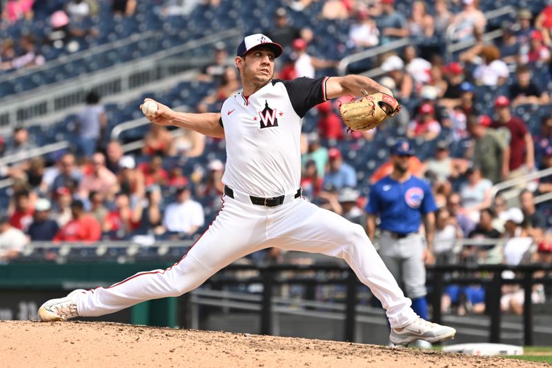 Sep 1, 2024; Washington, District of Columbia, USA; Washington Nationals relief pitcher Jacob Barnes (59) throws a pitch against the Chicago Cubs during the seventh inning at Nationals Park. Mandatory Credit: Rafael Suanes-USA TODAY Sports