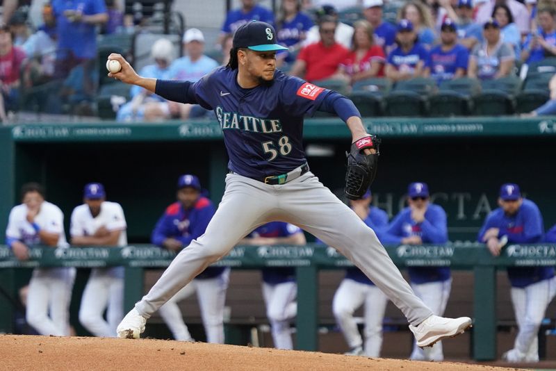 May 3, 2025; Arlington, Texas, USA; Seattle Mariners pitcher Luis Castillo (58) throws to the plate during the first inning against the Texas Rangers at Globe Life Field. Mandatory Credit: Raymond Carlin III-Imagn Images