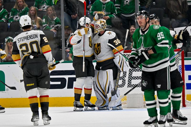 Apr 24, 2024; Dallas, Texas, USA; Vegas Golden Knights center Tomas Hertl (48) and goaltender Logan Thompson (36) celebrate the win over the Dallas Stars in game two of the first round of the 2024 Stanley Cup Playoffs at American Airlines Center. Mandatory Credit: Jerome Miron-USA TODAY Sports