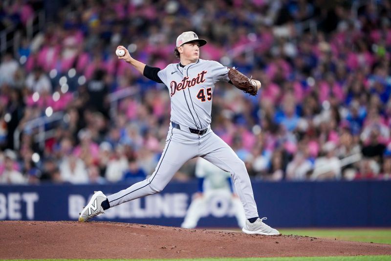 May 17, 2025; Toronto, Ontario, CAN; Detroit Tigers pitcher Reese Olson (45) pitches to the  Toronto Blue Jays during the first inning in their MLB game at Rogers Centre. Mandatory Credit: Kevin Sousa-Imagn Images