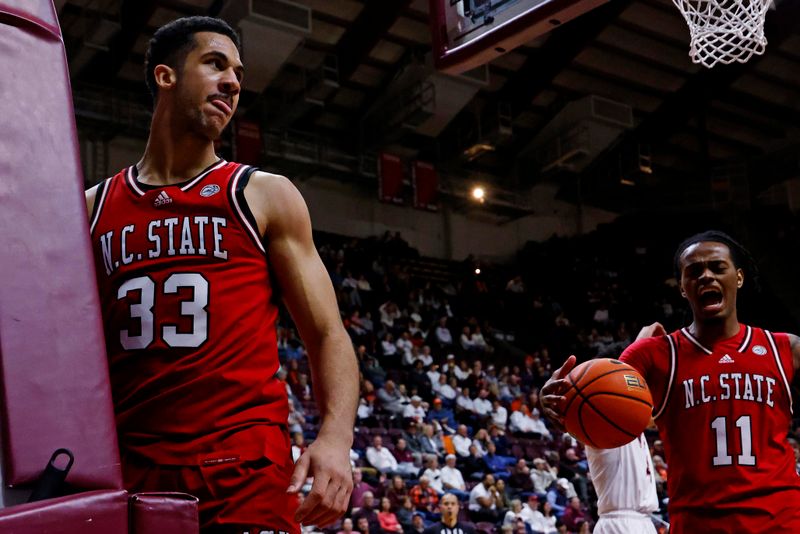 Jan 15, 2025; Blacksburg, Virginia, USA; North Carolina State Wolfpack forward Ismael Diouf (33) reacts after a being fouled and making the shot during the second half against the Virginia Tech Hokies at Cassell Coliseum. Mandatory Credit: Peter Casey-Imagn Images