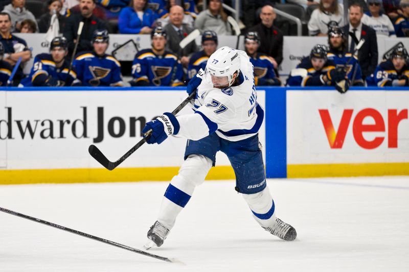 Nov 5, 2024; St. Louis, Missouri, USA;  Tampa Bay Lightning defenseman Victor Hedman (77) shoots against the Tampa Bay Lightning during the first period at Enterprise Center. Mandatory Credit: Jeff Curry-Imagn Images