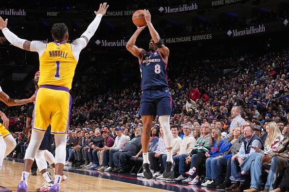 PHILADELPHIA, PA - NOVEMBER 27: De'Anthony Melton #8 of the Philadelphia 76ers shoots the ball during the game against the Los Angeles Lakers on November 27, 2023 at the Wells Fargo Center in Philadelphia, Pennsylvania NOTE TO USER: User expressly acknowledges and agrees that, by downloading and/or using this Photograph, user is consenting to the terms and conditions of the Getty Images License Agreement. Mandatory Copyright Notice: Copyright 2023 NBAE (Photo by Jesse D. Garrabrant/NBAE via Getty Images)