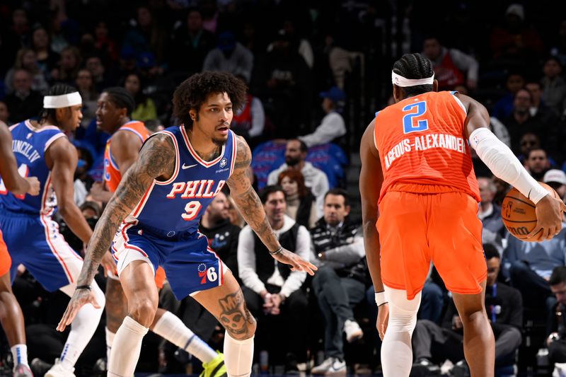 PHILADELPHIA, PA - JANUARY 14: Kelly Oubre Jr. #9 of the Philadelphia 76ers plays defense during the game against the Oklahoma City Thunder on January 14, 2025 at the Wells Fargo Center in Philadelphia, Pennsylvania NOTE TO USER: User expressly acknowledges and agrees that, by downloading and/or using this Photograph, user is consenting to the terms and conditions of the Getty Images License Agreement. Mandatory Copyright Notice: Copyright 2025 NBAE (Photo by David Dow/NBAE via Getty Images)