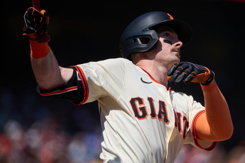 May 4, 2025; San Francisco, California, USA; San Francisco Giants outfielder Mike Yastrzemski (5) bats against the Colorado Rockies during the seventh inning at Oracle Park. Mandatory Credit: Robert Edwards-Imagn Images
