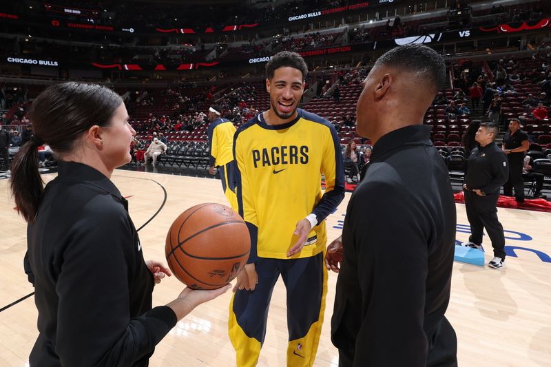 CHICAGO, IL - DECEMBER 6: Tyrese Haliburton #0 of the Indiana Pacers smiles before the game against the Chicago Bulls on December 6, 2024 at United Center in Chicago, Illinois. NOTE TO USER: User expressly acknowledges and agrees that, by downloading and or using this photograph, User is consenting to the terms and conditions of the Getty Images License Agreement. Mandatory Copyright Notice: Copyright 2024 NBAE (Photo by Jeff Haynes/NBAE via Getty Images)