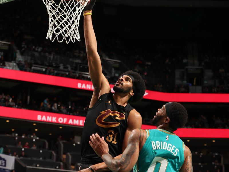 CHARLOTTE, NC - MARCH 27: Jarrett Allen #31 of the Cleveland Cavaliers goes to the basket during the game on March 27, 2024 at Spectrum Center in Charlotte, North Carolina. NOTE TO USER: User expressly acknowledges and agrees that, by downloading and or using this photograph, User is consenting to the terms and conditions of the Getty Images License Agreement. Mandatory Copyright Notice: Copyright 2024 NBAE (Photo by Kent Smith/NBAE via Getty Images)