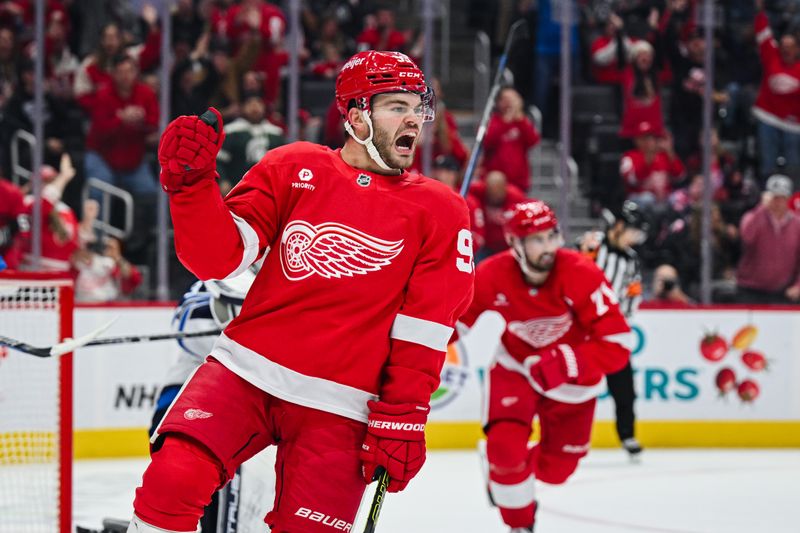 Oct 30, 2024; Detroit, Michigan, USA; Detroit Red Wings right wing Alex DeBrincat (93) celebrates his goal during the second period against the Winnipeg Jets at Little Caesars Arena. Mandatory Credit: Tim Fuller-Imagn Images