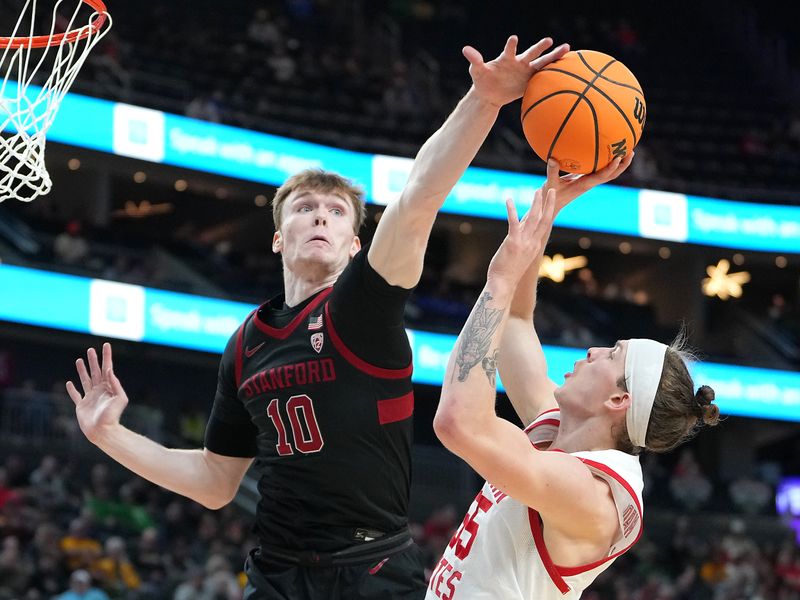 Mar 8, 2023; Las Vegas, NV, USA; Stanford Cardinal forward Max Murrell (10) blocks a shot attempt by Utah Utes guard Gabe Madsen (55) during the second half at T-Mobile Arena. Mandatory Credit: Stephen R. Sylvanie-USA TODAY Sports