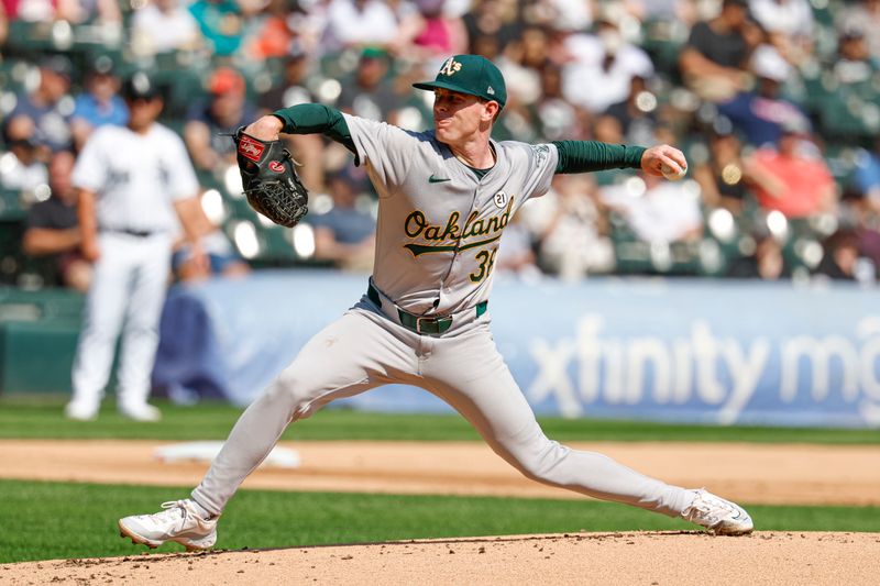 Sep 15, 2024; Chicago, Illinois, USA; Oakland Athletics starting pitcher JP Sears (38) delivers a pitch against the Chicago White Sox during the first inning at Guaranteed Rate Field. Mandatory Credit: Kamil Krzaczynski-Imagn Images