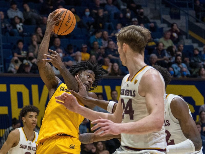 Feb 11, 2023; Berkeley, California, USA; California Golden Bears guard Joel Brown (1) passes the basketball against Arizona State Sun Devils guard Austin Nunez (2) during the second half at Haas Pavilion. Mandatory Credit: Neville E. Guard-USA TODAY Sports