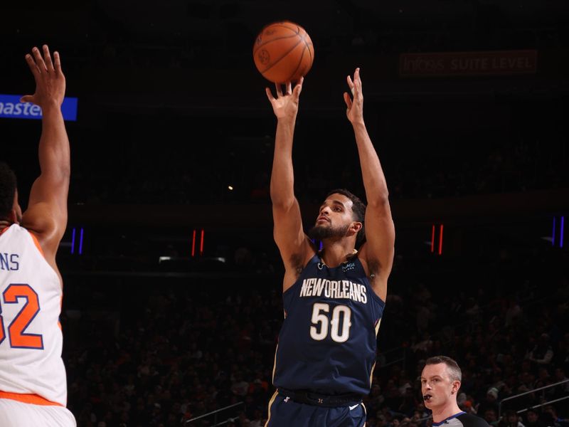 NEW YORK, NY - DECEMBER 1: Jeremiah Robinson-Earl #50 of the New Orleans Pelicans shoots a three point basket during the game against the New York Knicks on December 1, 2024 at Madison Square Garden in New York City, New York.  NOTE TO USER: User expressly acknowledges and agrees that, by downloading and or using this photograph, User is consenting to the terms and conditions of the Getty Images License Agreement. Mandatory Copyright Notice: Copyright 2024 NBAE  (Photo by Nathaniel S. Butler/NBAE via Getty Images)